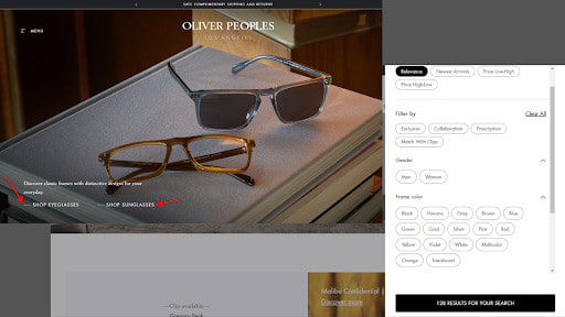 Oliver People's website screenshot divided by eyeglasses and sunglasses